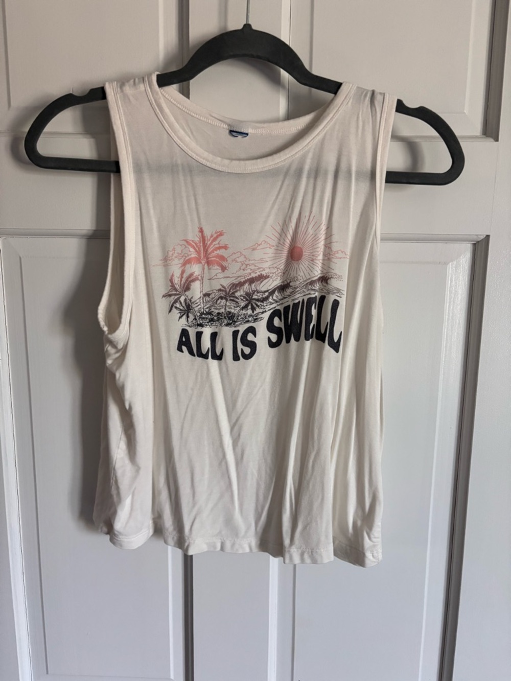 Old Navy All Is Swell Graphic Tank - Cream with Coral & Navy Print- long crop